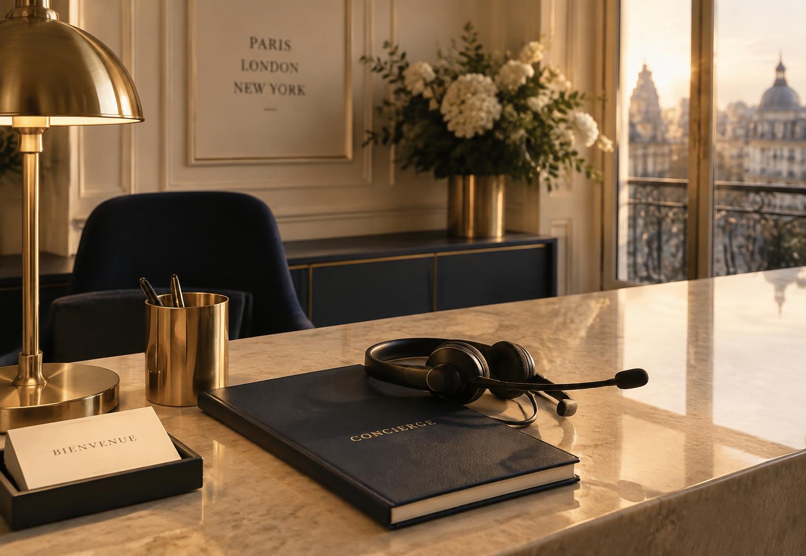 Bureau d'accueil élégant avec casque téléphonique